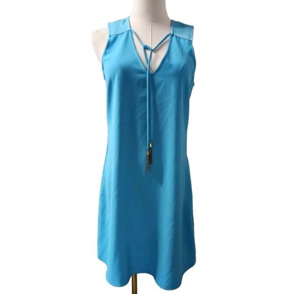 TRINA TURK‎ AQUA Turquoise V NECK Shift SHEATH DRESS Metal ties Pockets!